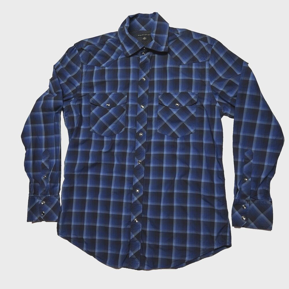 Banana Republic Men's Pearl Snap Square Check Plaid Western Shirt Medium Blue